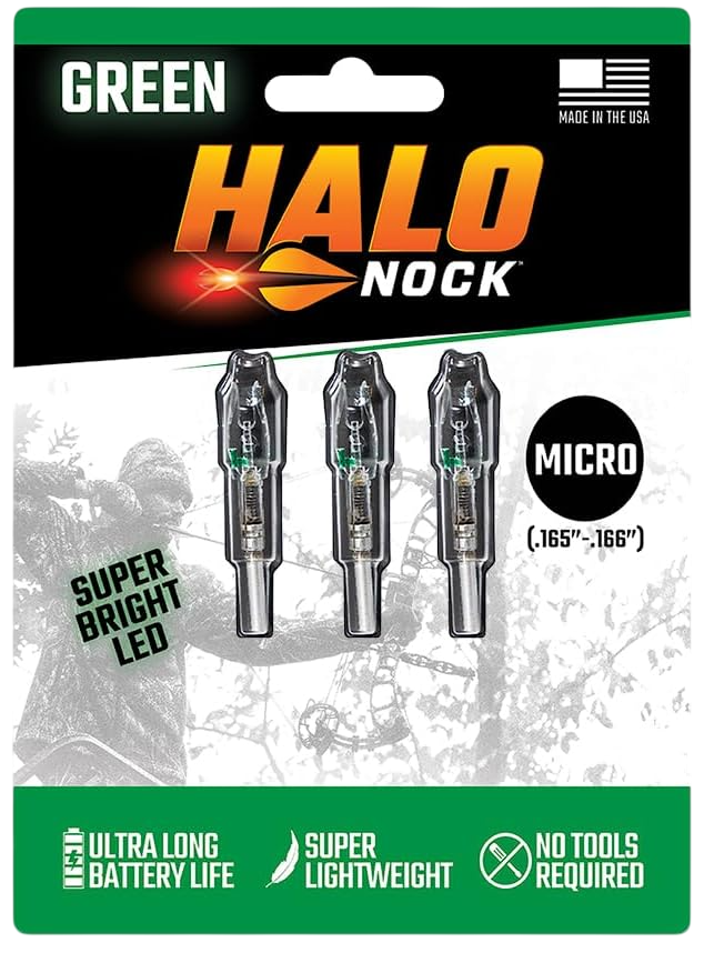 Micro Lighted Nocks for Archery & Bowhunting, Fits .165-.166, Green by Halo Nocks